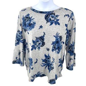 MANDY EVANS SOFT FLORAL PRINT BELL SLEEVE BLUE GRAY TOP - 1X